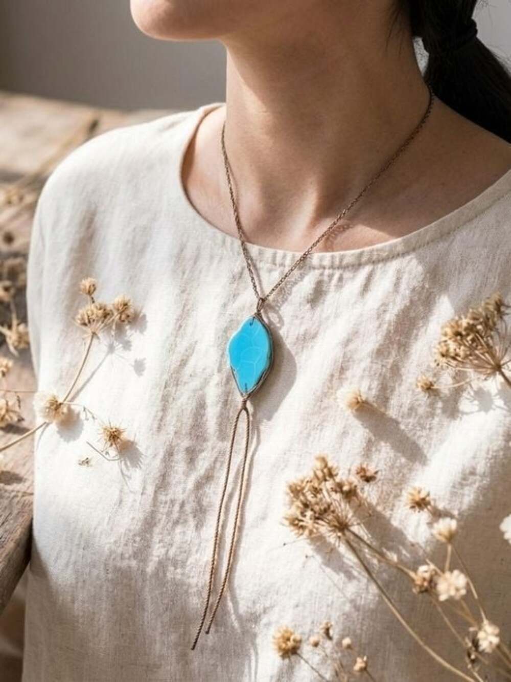 Turquoise Slab Wire Wrapped Necklace Gold Tone Chain Boho